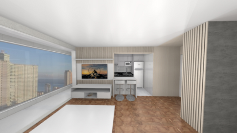 Sala de estar com detalhes em ripado